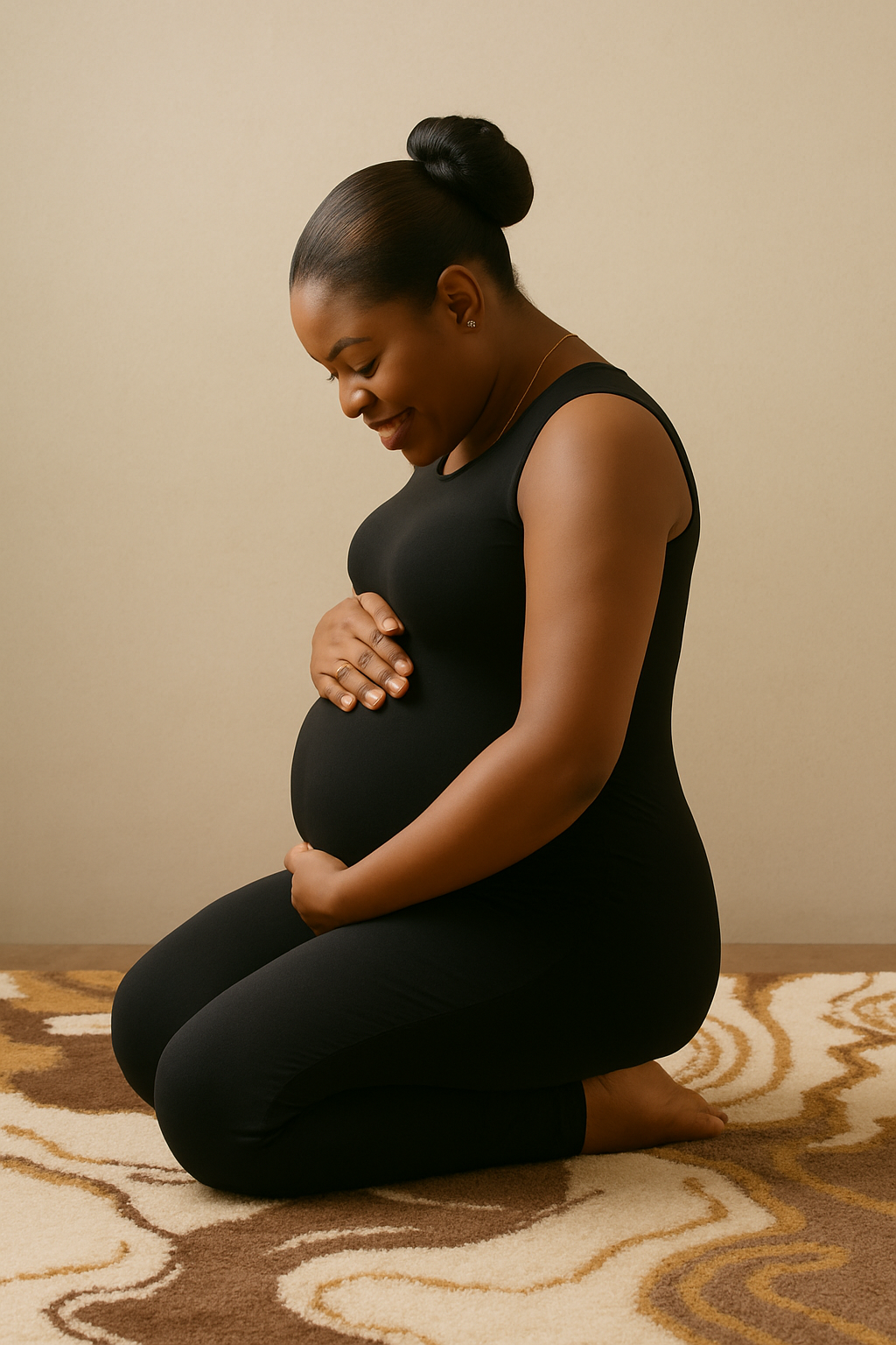 Pregnant lady sat on the floor, on a brown patterned carpet, cradling her bump 