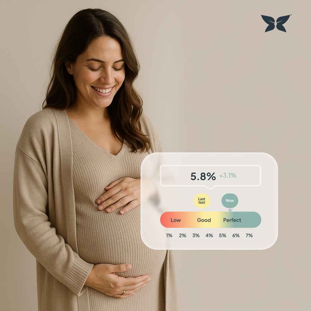 Pregnant lady cradling bump against a cream background with DHA blood test results overlaid 