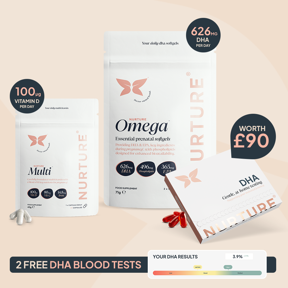 Contents of the The Nurture Bundle, including a pouch of multi vitamins, omega softgels, and the NurtureKit DHA blood test kit. With claims 100ug  of Vitamin D, 626mg DHA and 2 Free DHA blood tests worth £90. 