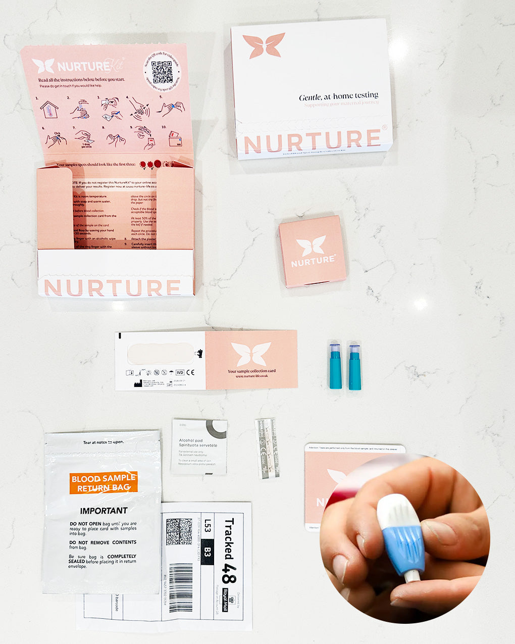 Contents of the NurtureKit on a marble background including a sample card, 2 lancets, blood sample return bag and an alcohol wipe. Close up of an hand demonstrating the lancet. 