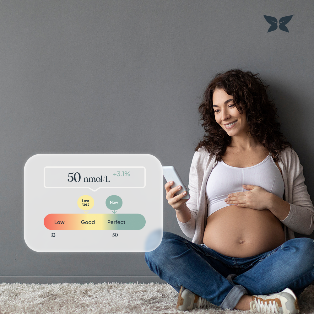 Pregnant lady sat on the floor holding a phone with vitamin D blood tests overlaid