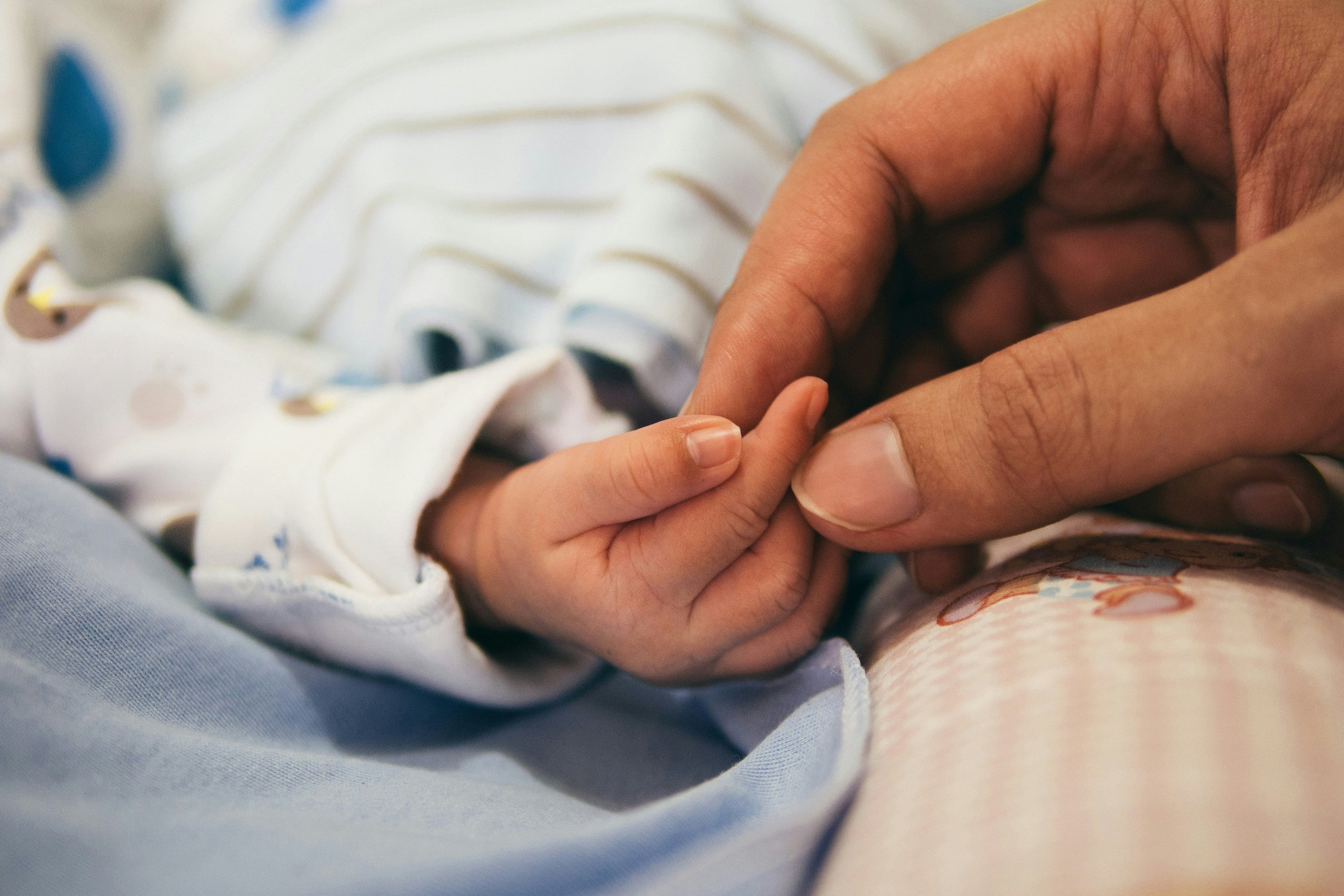 Adult hand gently holding a babies hand