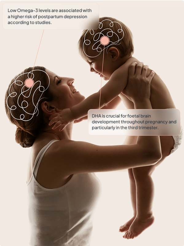 Smiling lady holding a smiling baby and lifting him above her head, whilst looking into his eyes. Both the lady and the baby have a  simple illustration of a brain in the correct place to represent brain development and health. 