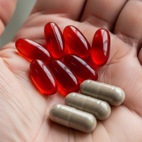 Red and clear capsules with a brown powder filling held in a hand