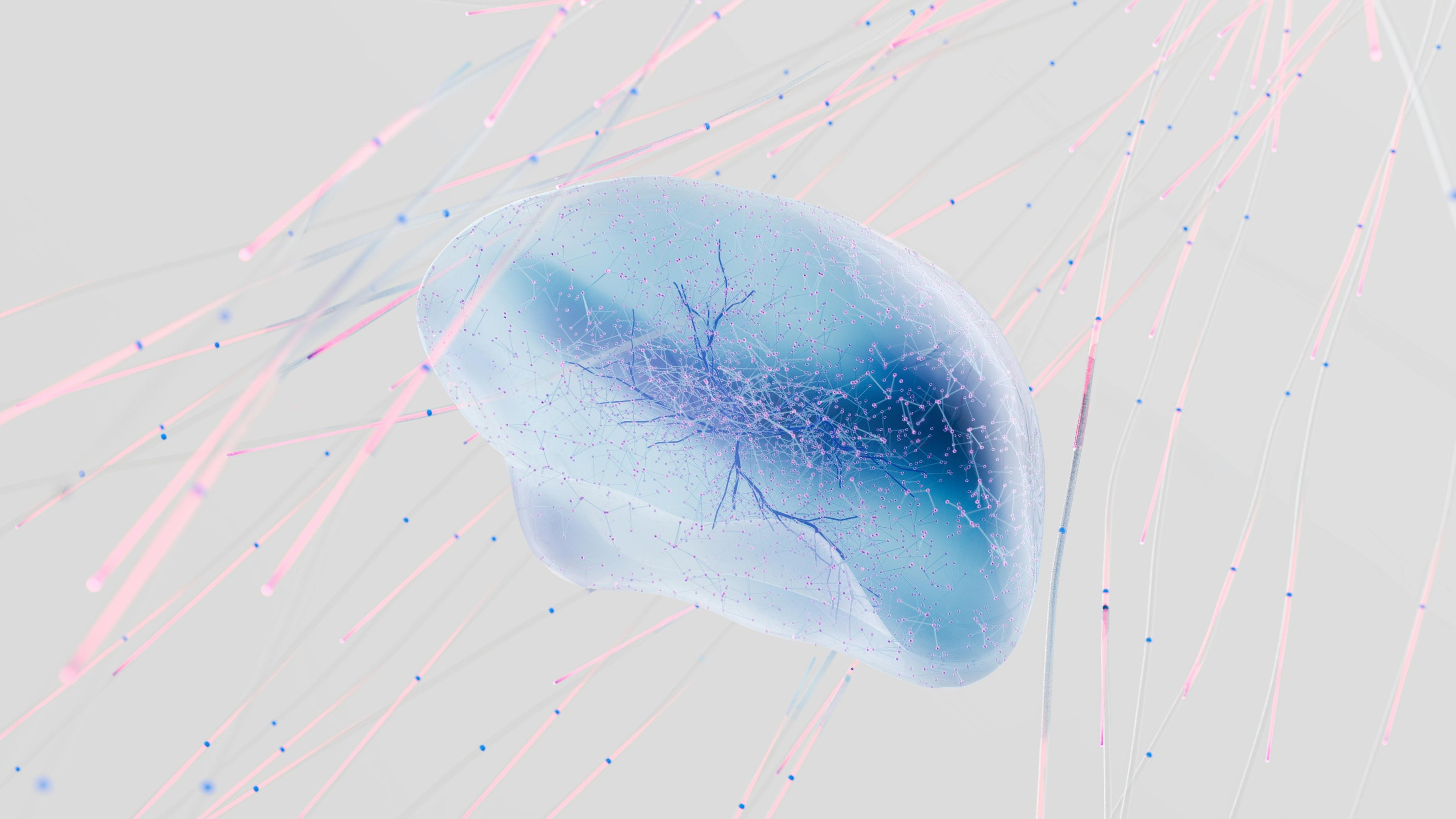 3D rendering of a translucent brain with branching neural-like structures inside, surrounded by dynamic strands of pink and blue data lines on a light background.