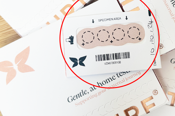 Nurture blood sample kit with barcode and specimen area indicated.