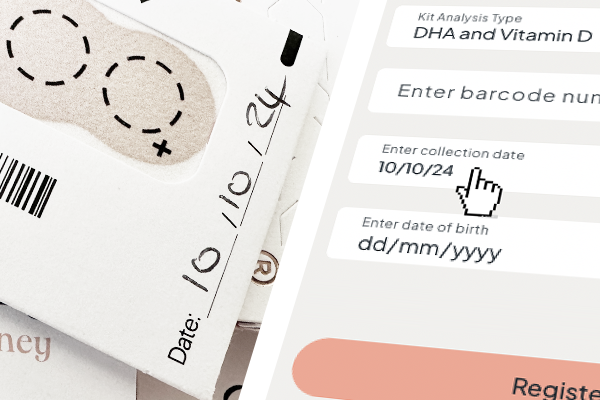 Close-up of the Nurture blood testing kit and input fields for date and barcode.