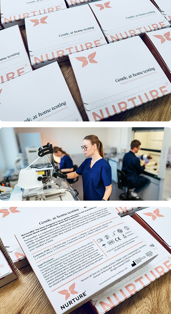 A composite image showing Nurture at-home testing kits with the tagline "Gentle, at-home testing – Supporting your maternal journey." The first and third panels feature stacks of the white and peach-colored product boxes. The middle panel shows lab technicians in blue scrubs working in a laboratory, highlighting the scientific process behind the testing kits. The back of a box is visible in the final panel, detailing the contents, usage instructions, and legal disclaimers.